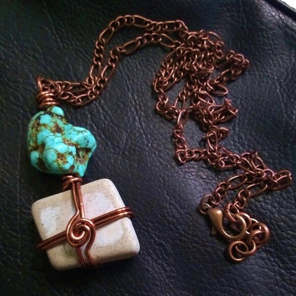 Beachy Boho Vibes! Sage Coast - Ceramic + Turquoise Magnesite + Copper Pendant - Picture 6 of 9